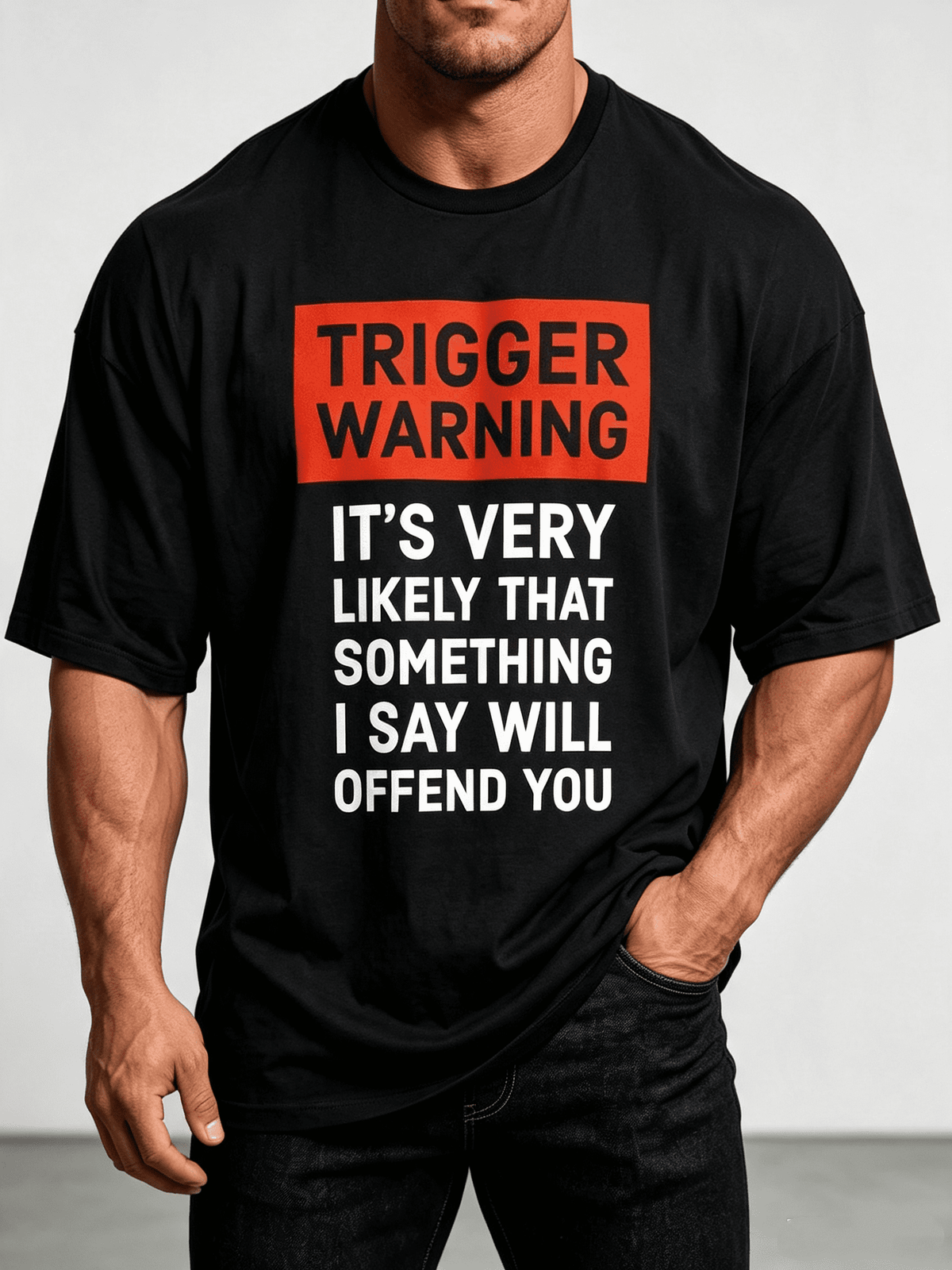 Men's Funny "TRIGGER WARNING" Full-Body Print T-Shirt - Humorous Sarcastic Novelty Tee For Parties, Casual Attire & Year-Round Comfort | Relaxed Fit