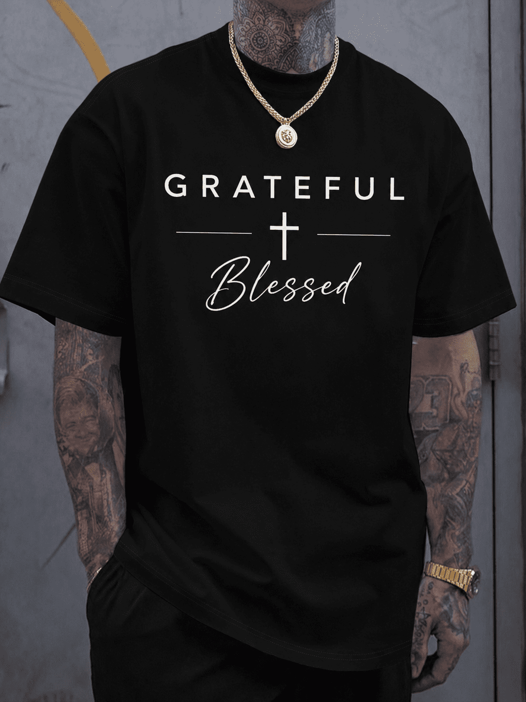 Men's Grateful Blessed Graphic T Shirt, Faith Cross Print Short Sleeve Cotton Casual Tee, Inspirational Christian Style Shirt