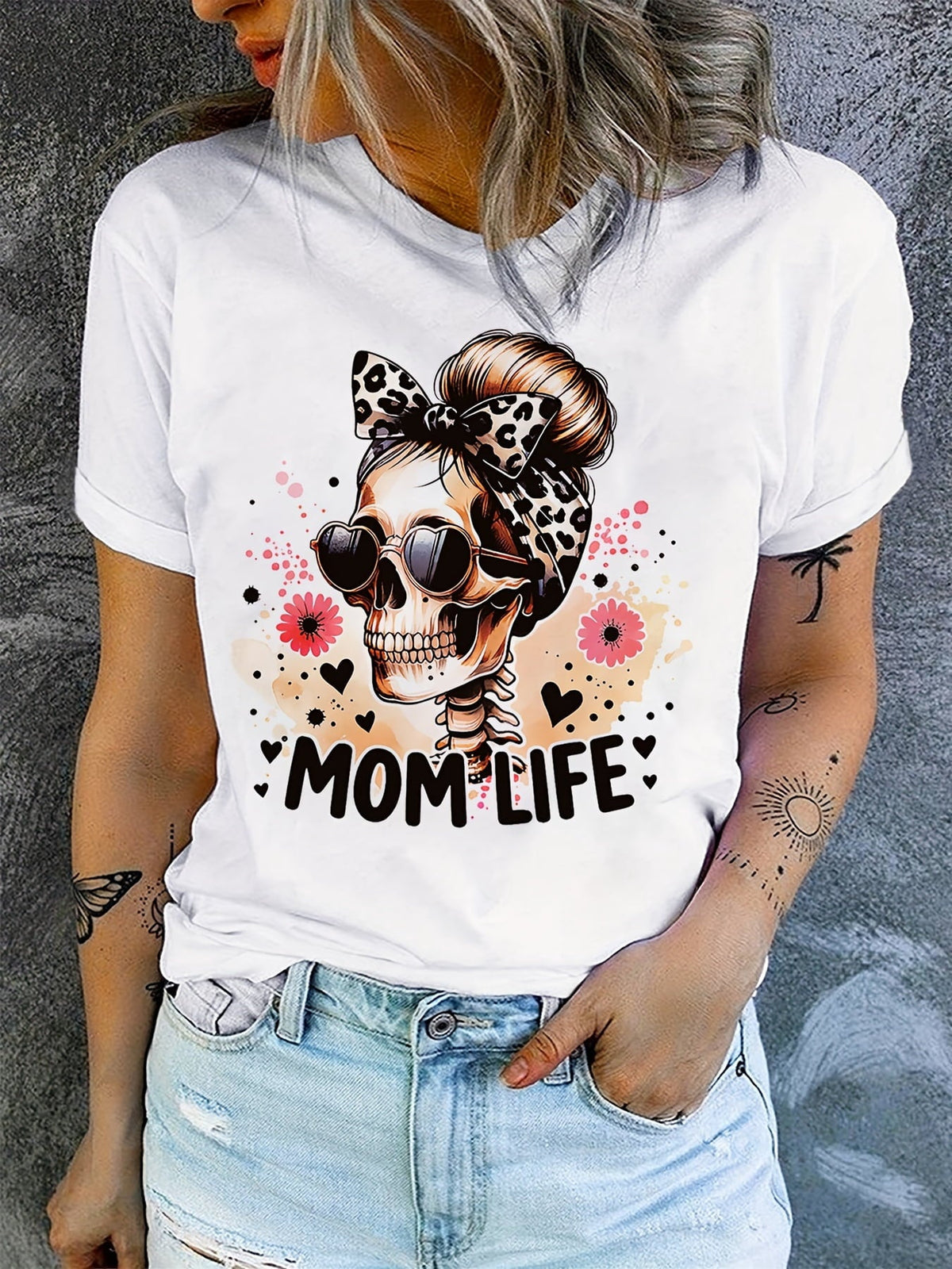 Mom Life Halloween Shirt Skeleton Leopard Messy Bun Trick or Treat Tee
