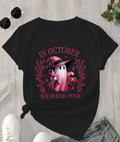 In October We Wear Pink Ghost Witch Graphic T‑Shirt, Women Crew Neck Short‑Sleeve Tee Halloween Ghost Witch Jack‑o'‑lantern Pink Ribbon Graphic Casual Daily Top