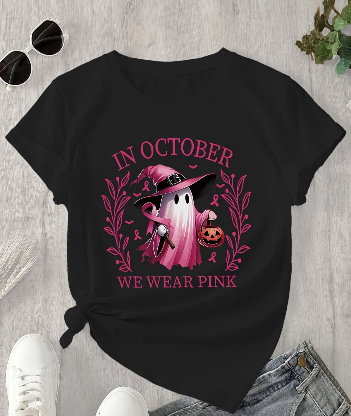 In October We Wear Pink Ghost Witch Graphic T‑Shirt, Women Crew Neck Short‑Sleeve Tee Halloween Ghost Witch Jack‑o'‑lantern Pink Ribbon Graphic Casual Daily Top