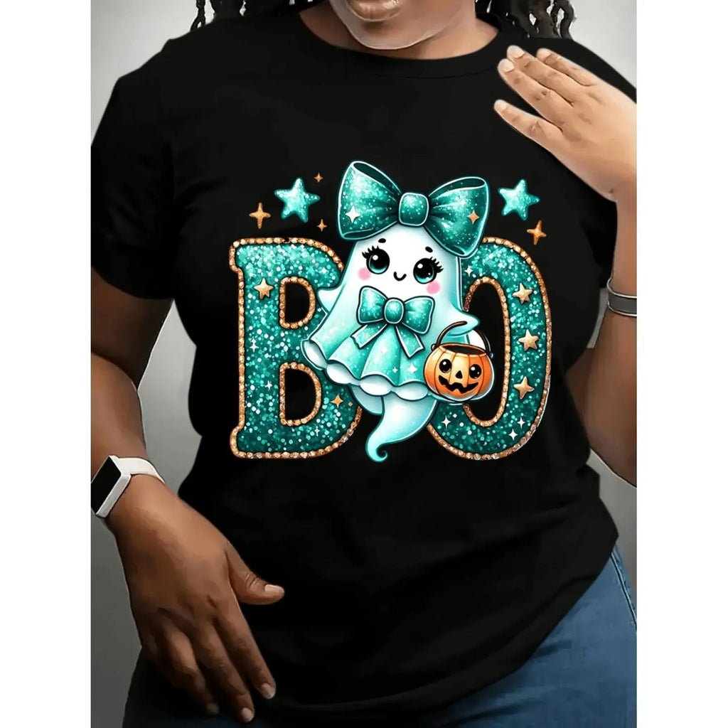 Plus Size Women's Halloween Tee Featuring Adorable Pumpkin Graphic for Casual Wear Halloween Gift Shirt Crew Neck Tee Women Clothing