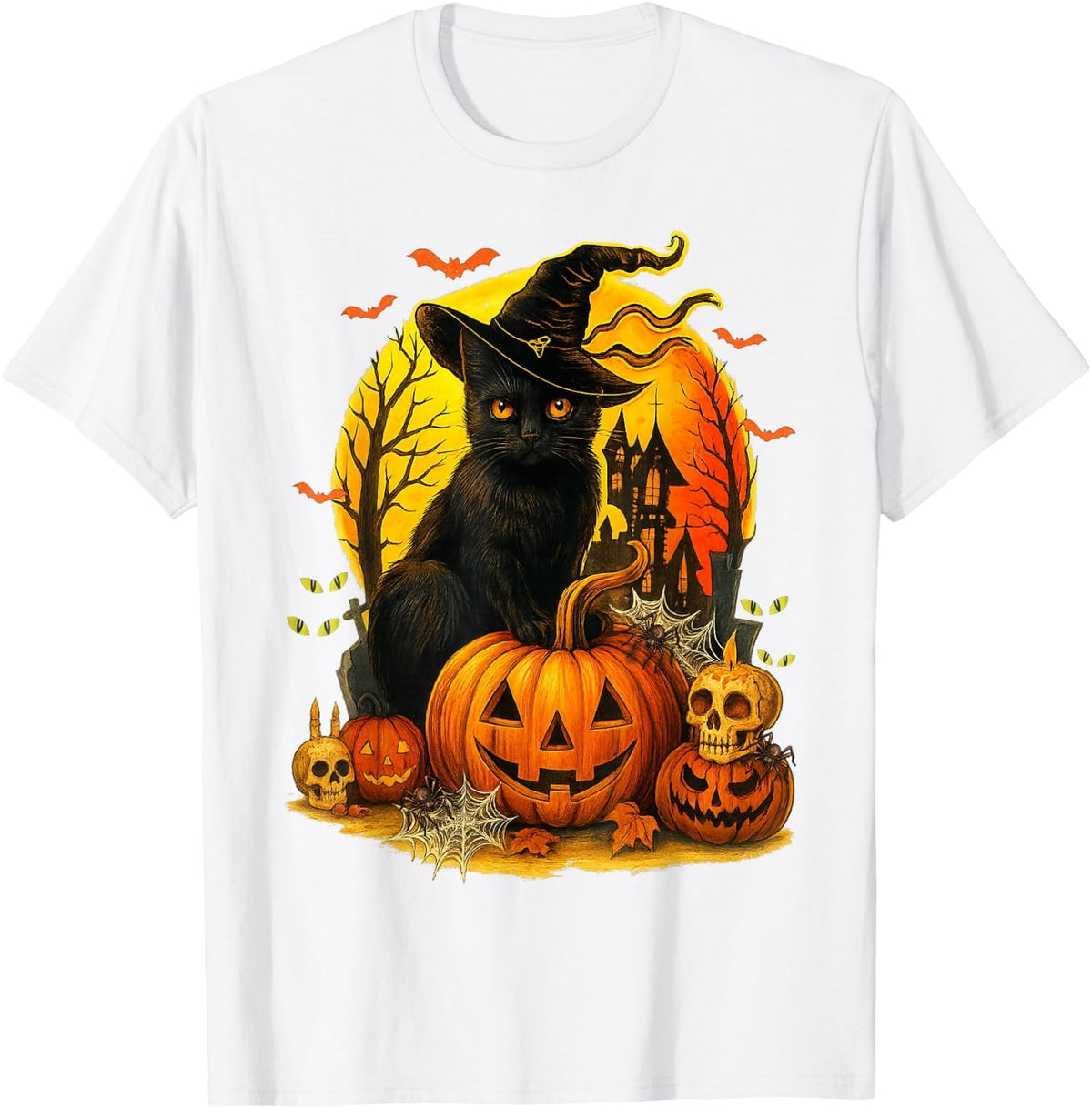 Retro Halloween Black Cat Witch and Pumpkin Unisex T-Shirt