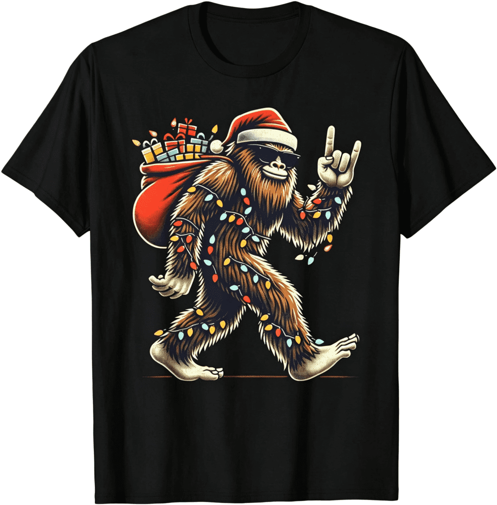 Santa Bigfoot Christmas Lights Funny Sasquatch Xmas Unisex T-Shirt