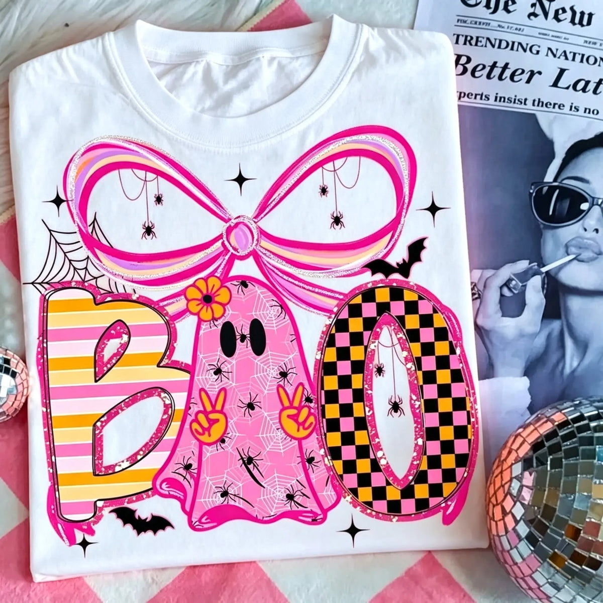 Spooky Boo Ghost Shirt, Neon Pink Halloween Tee, Girly Coquette Halloween Bow Top, Preppy Glitter Pumpkin Apparel