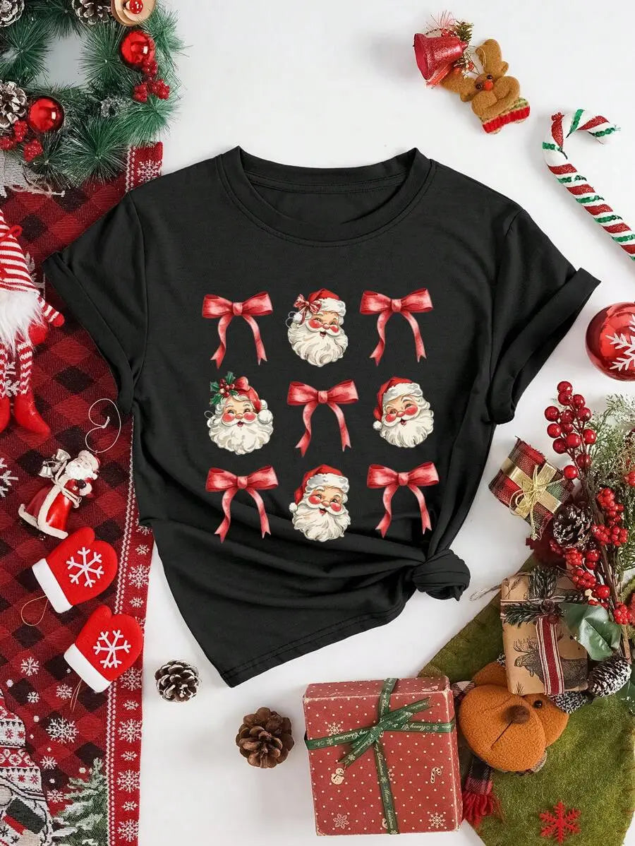 Women Christmas Santa Claus Graphic T?Shirt, Vintage Santa Red Bow Print Casual Crew Neck Short Sleeve Tee Top Christmas T shirts