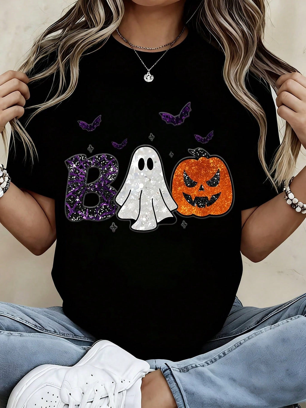 Women Halloween Boo Pumpkin Bat Graphic Tee Short Sleeve Casual Top