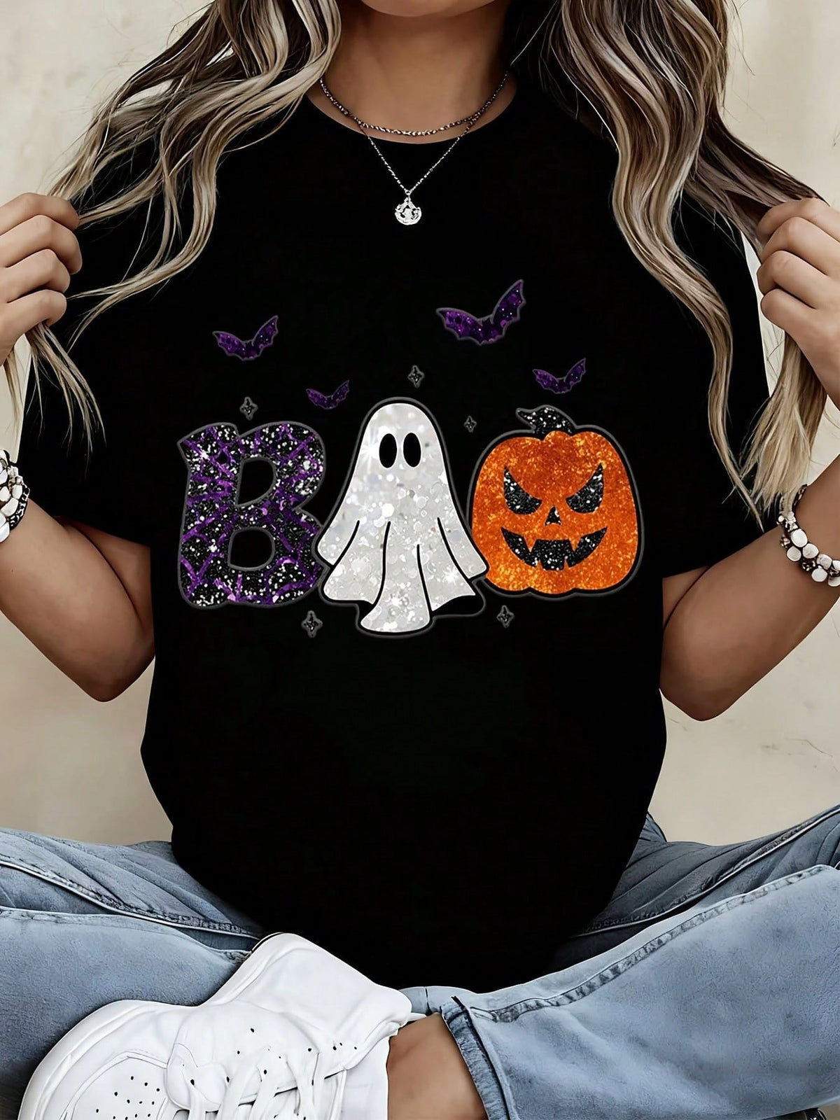 Women Halloween Boo Pumpkin Bat Graphic Tee Short Sleeve Casual Top