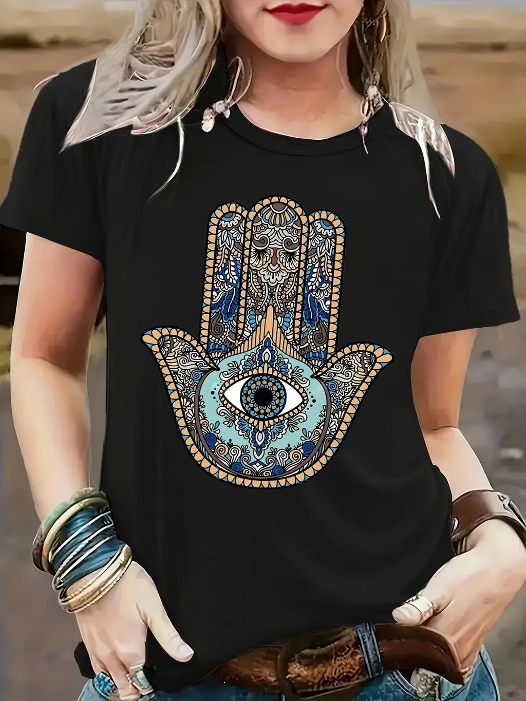 Women Hamsa Hand Evil Eye Mandala Graphic T?Shirt, Bohemian Ethnic Pattern Crew Neck Short?Sleeve Casual Boho Tee Top for Spring Autumn