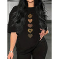 Women Heart Graphic T?Shirt, Leopard & Multi?Heart Vertical Print Crew Neck Loose Fit Casual Short?Sleeve Tee For Daily Commute