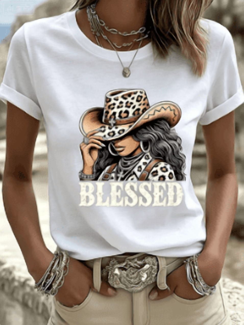 Women Western Leopard Cowgirl Blessed Graphic T?Shirt, Crew Neck Short Sleeve Casual Country Style Tee for Spring Summer Daily Wear