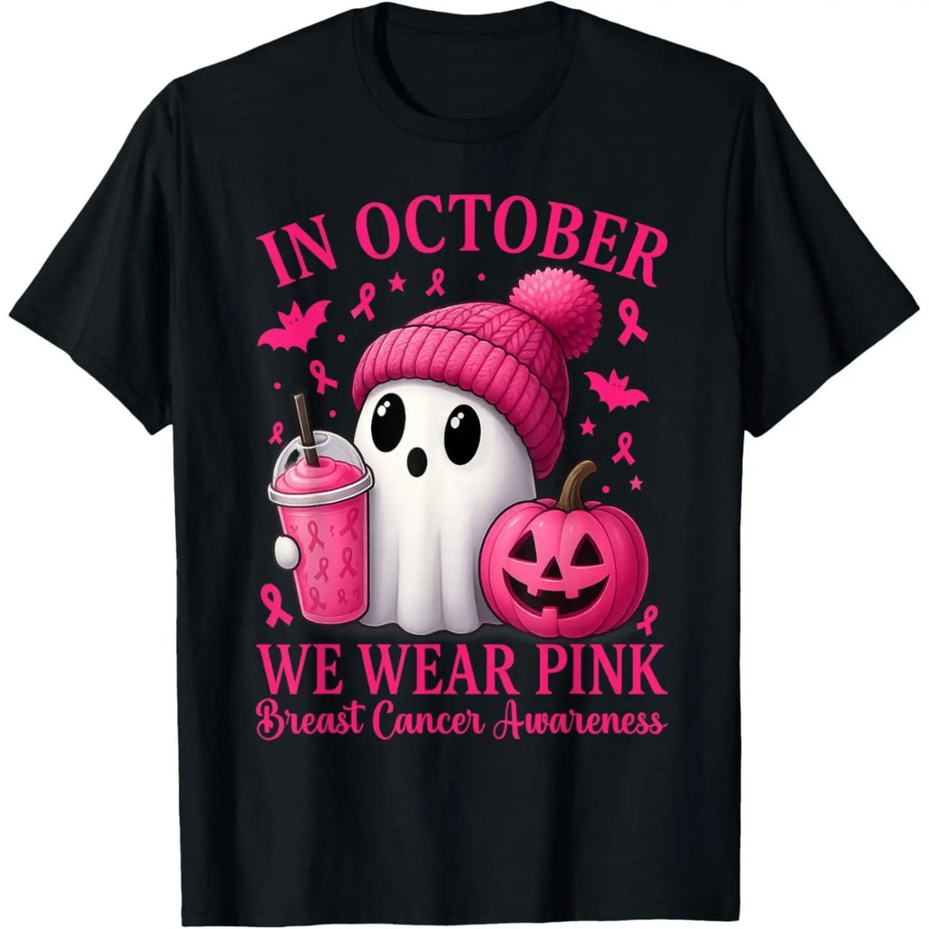 Women's Breast Cancer Awareness T-Shirt, Casual Halloween "In October We Wear Pink" Ghost Graphic Tee Women Clothing，Suitable for daily wear