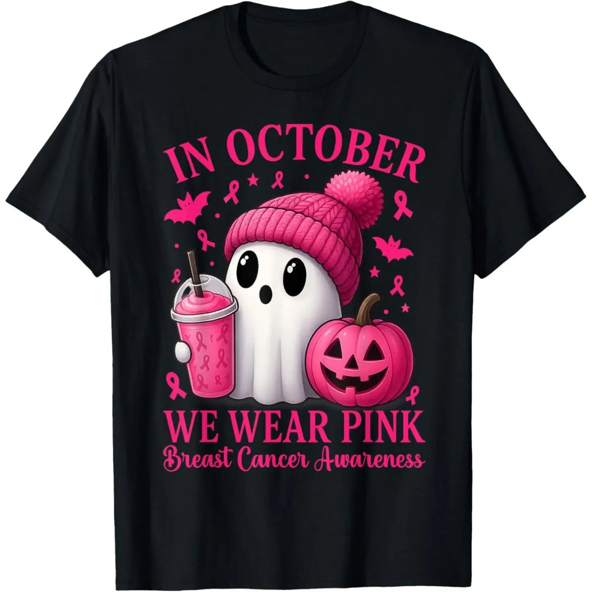 Women's Breast Cancer Awareness T-Shirt, Casual Halloween "In October We Wear Pink" Ghost Graphic Tee Women Clothing，Suitable for daily wear