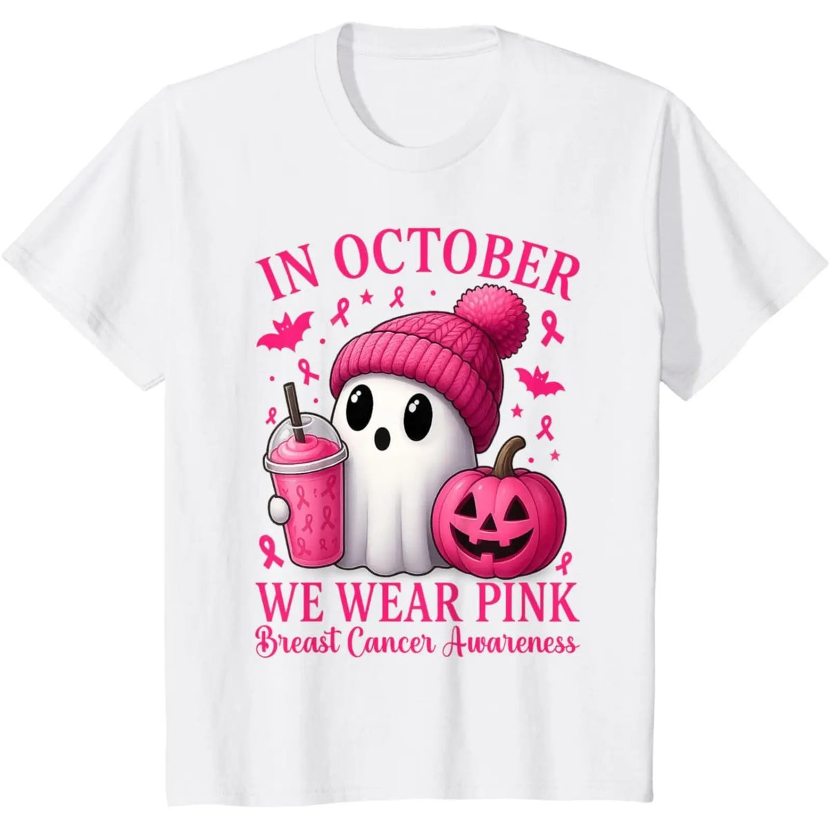 Women's Breast Cancer Awareness T-Shirt, Casual Halloween "In October We Wear Pink" Ghost Graphic Tee Women Clothing，Suitable for daily wear