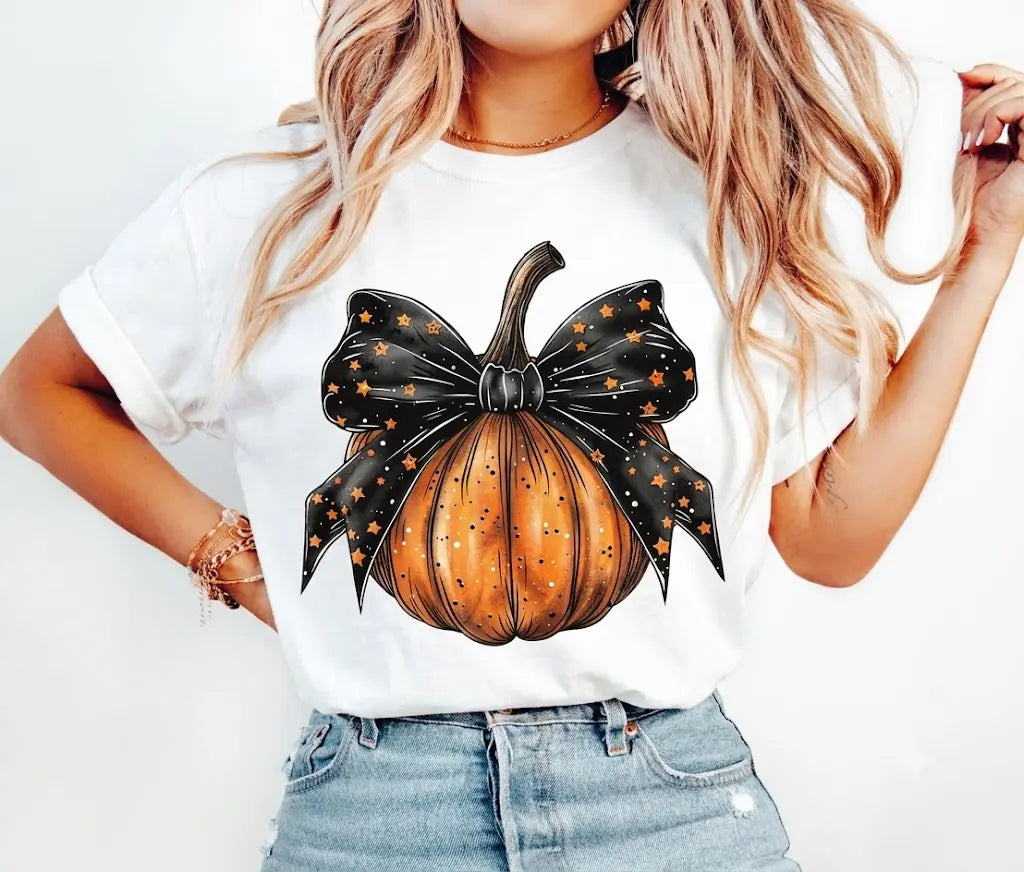 Women's Crewneck Bow Pumpkin Print Top Halloween T-Shirt Halloween Gift T shirt Casual Short Sleeve Women Clothing
