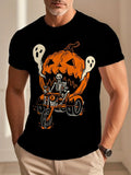 Halloween Pattern T-Shirt - Skull Motorcycle Pumpkin Ghost Print - Black Orange Street Style Short Sleeve Top - Party Dressing And Casual Wear