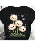 Unisex Cute Cat?Face Dandelion Graphic T?Shirt, Funny Whimsical Kitty Flower Print Crew Neck Short?Sleeve Tee, Casual Everyday Gardening Top Gift For Cat Lovers