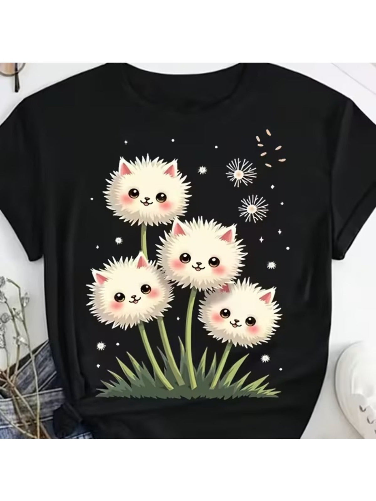 Unisex Cute Cat?Face Dandelion Graphic T?Shirt, Funny Whimsical Kitty Flower Print Crew Neck Short?Sleeve Tee, Casual Everyday Gardening Top Gift For Cat Lovers