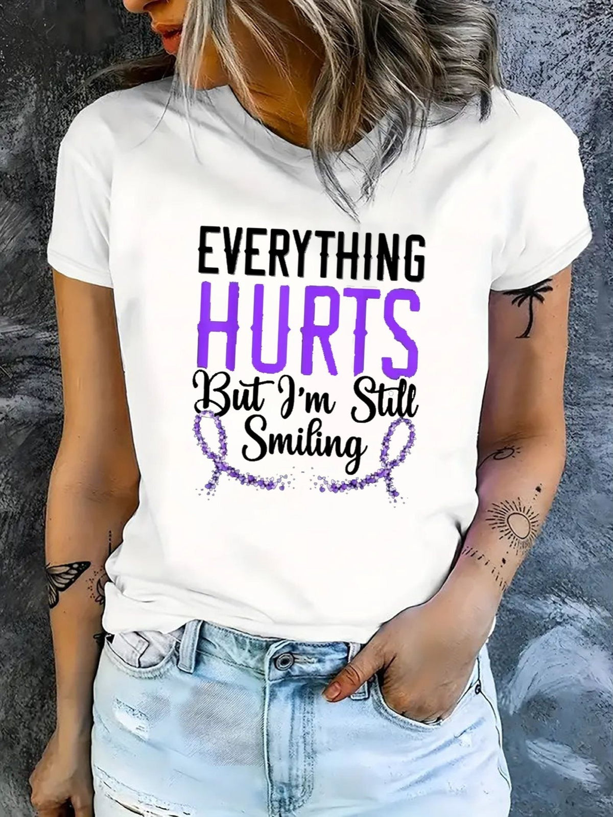 Women Everything Hurts But I'm Still Smiling Graphic T?Shirt, Purple Ribbon Chronic Pain Awareness Tee, Casual Crew Neck Short?Sleeve Inspirational Top