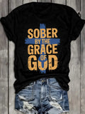 Sober By The Grace Of God Graphic T?Shirt for Women, 100% Cotton Crew Neck Short Sleeve, Christian Faith Sobriety Recovery Inspirational Casual Tee Top