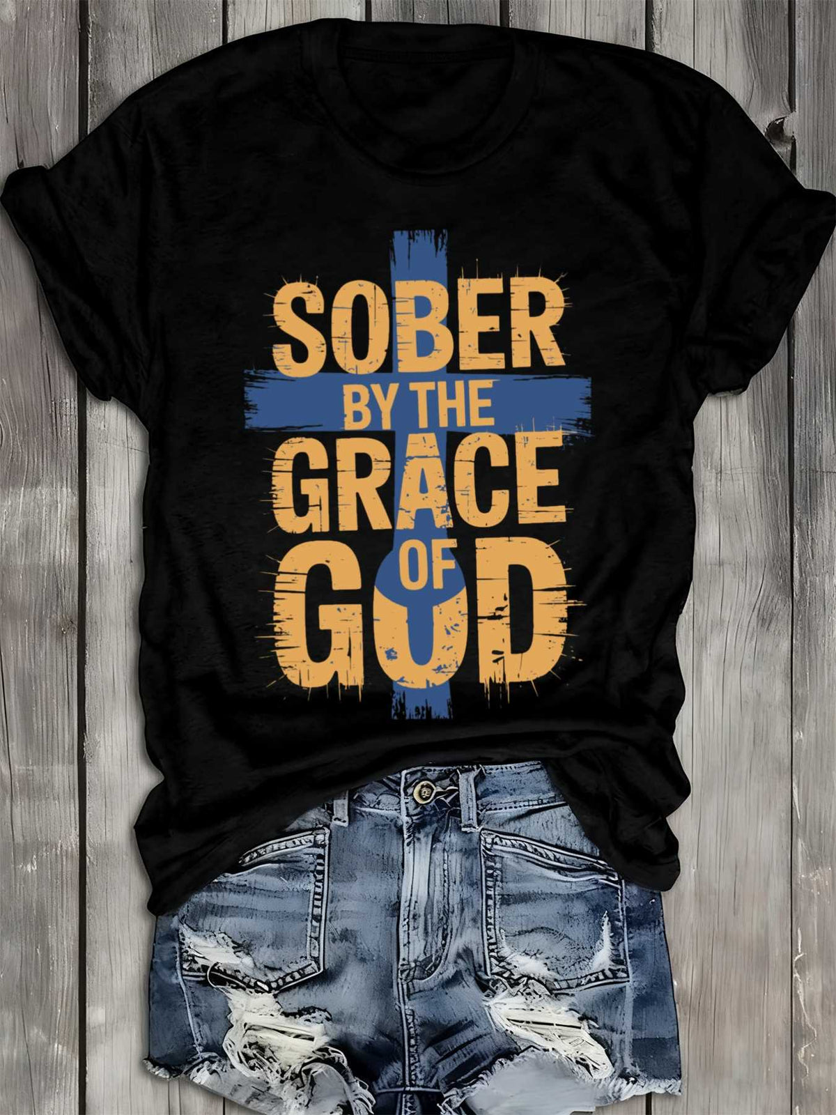 Sober By The Grace Of God Graphic T?Shirt for Women, 100% Cotton Crew Neck Short Sleeve, Christian Faith Sobriety Recovery Inspirational Casual Tee Top