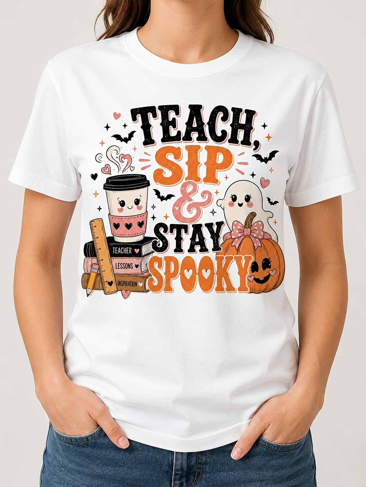 Teach Sip And Stay Spooky Teacher Graphic Tee for Women, Halloween Teacher Coffee Shirt，Women Tshirts