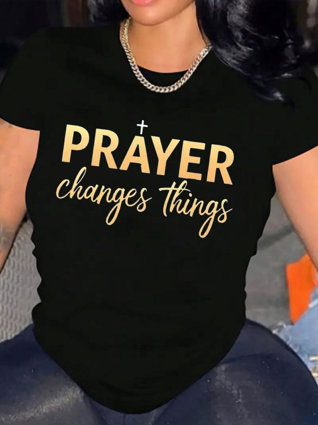 Prayer Changes Things Women's Graphic T‑Shirt, Christian Faith Cross Short‑Sleeve Crew Neck Casual Religious Tee Tops