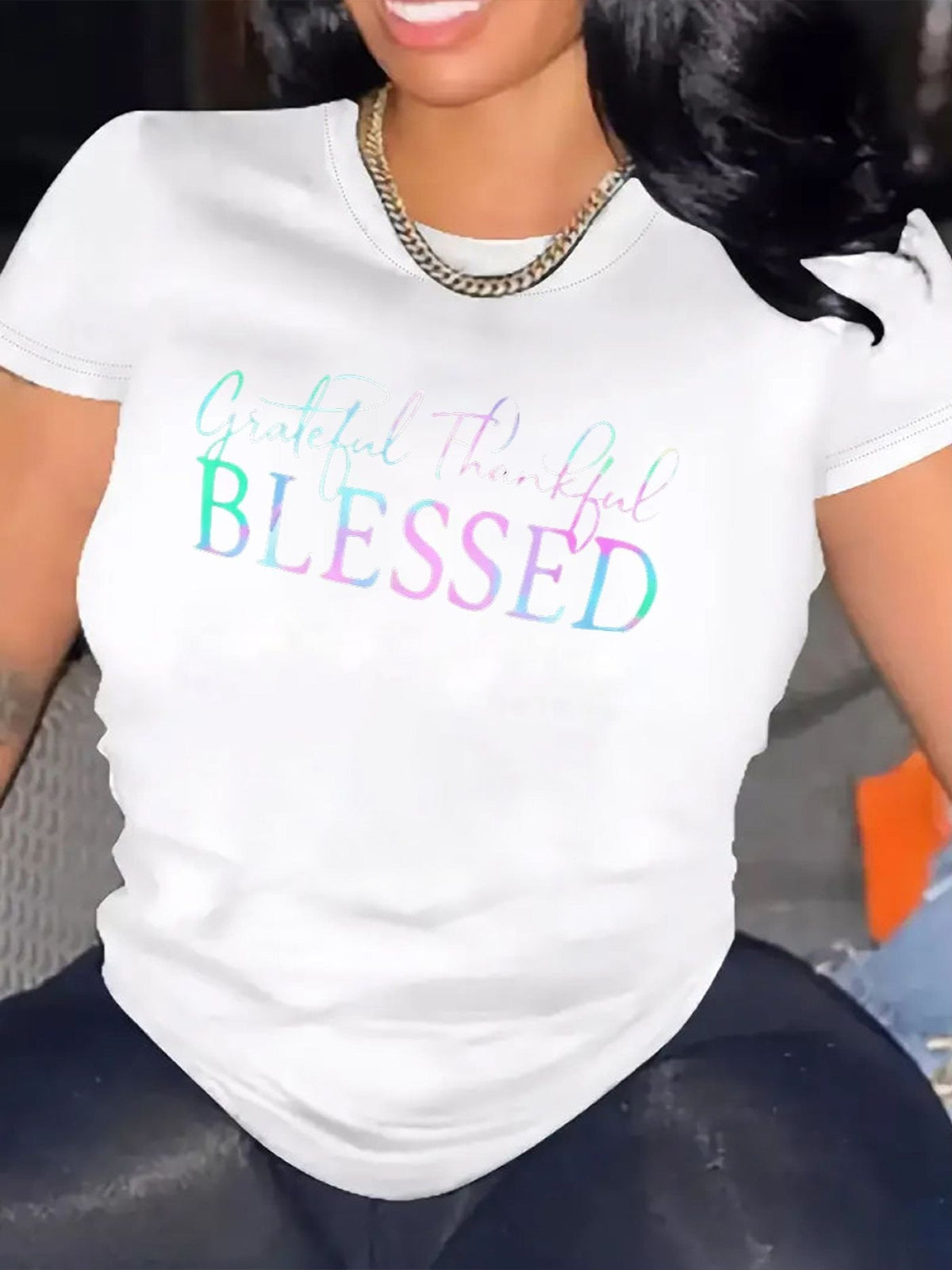 Grateful Thankful Blessed Graphic T?Shirt for Women, Crew Neck Short Sleeve 100% Cotton Tee, Soft Casual Summer Spring Streetwear Tops
