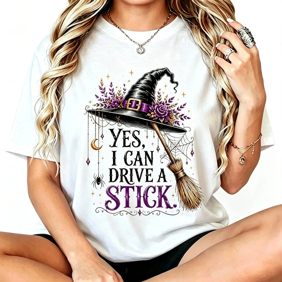 Women's Short-Sleeve Casual Halloween Graphic T-Shirt - "Yes I Can Drive A Stick" Witch Hat Broom Funny Apparel Top