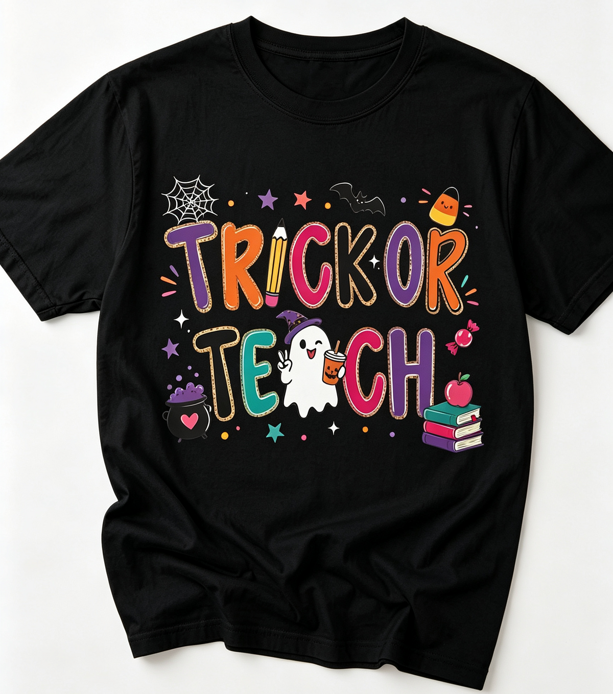 Teacher Halloween Shirt Trick or Teach Graphic Tee Women Back-to-School Teacher Tshirts，Crew Neck Casual Women Tee