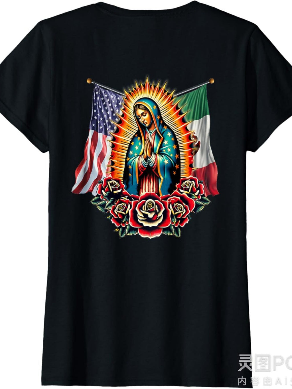 Virgen De Guadalupe Mexican American Flag Graphic T‑Shirt, Religious Hispanic Heritage Short‑Sleeve Crew Neck Casual Tee for Men Women