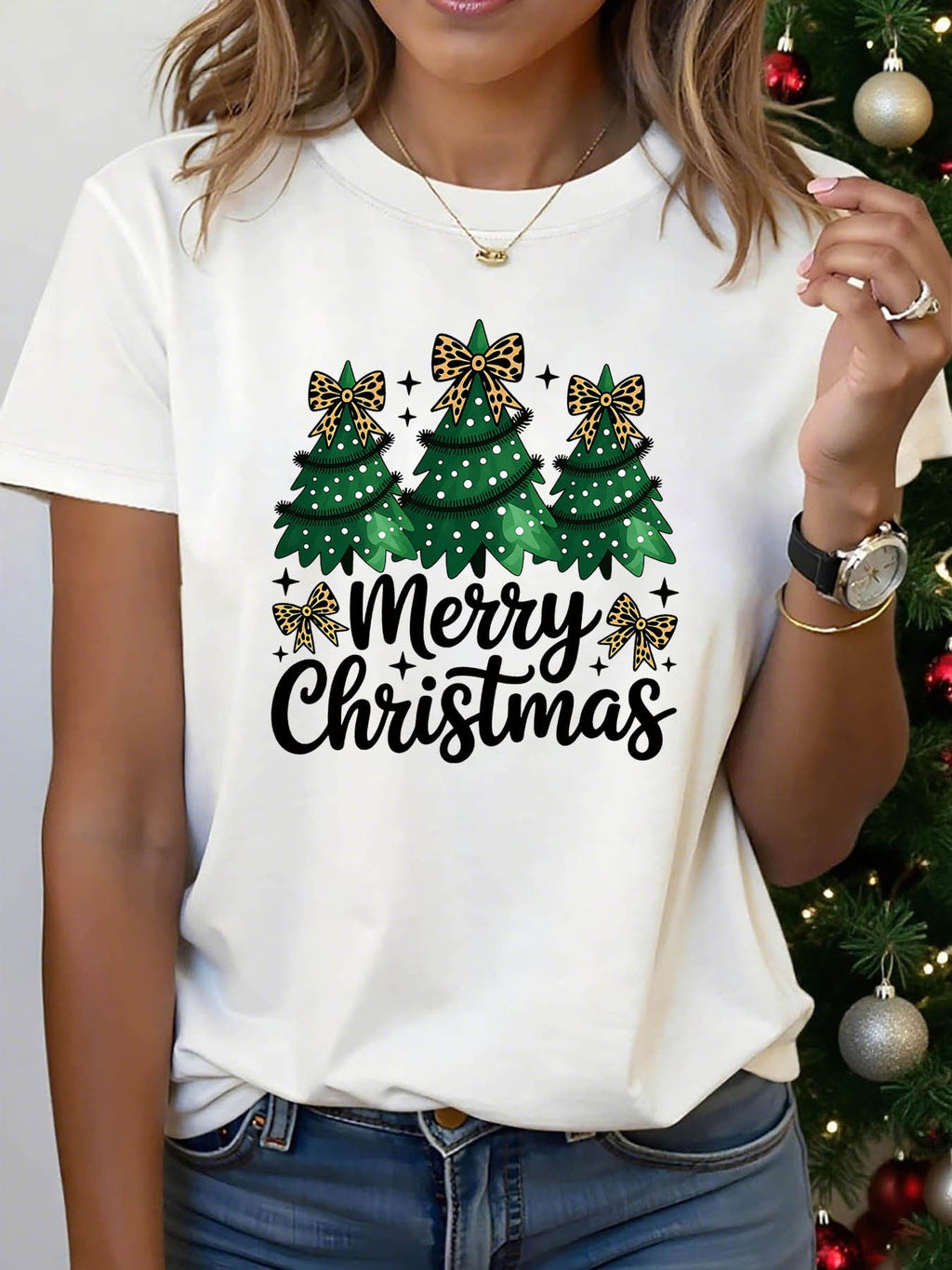 Leopard Bow Christmas Trees' Cute Holiday Print T-Shirt Women'S Round Neck Short Sleeve Sweet Fashion Christmas Tee