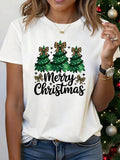 Leopard Bow Christmas Trees' Cute Holiday Print T-Shirt Women'S Round Neck Short Sleeve Sweet Fashion Christmas Tee