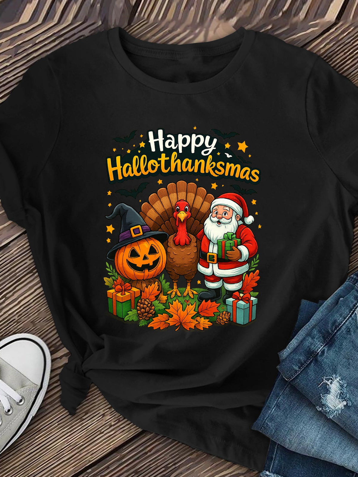Women's Cute Holiday Graphic Tee Halloween Thanksgiving Christmas Shirt, Pumpkin Turkey Santa Print Casual Fall Winter Short Sleeve Top