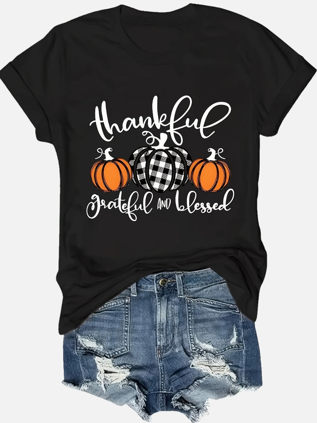 Women's Thankful Grateful Blessed Pumpkin Graphic T-Shirt, Fall Thanksgiving Casual Short Sleeve Crew Neck Tee, Soft Cotton Autumn Shirt for Women