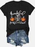 Women's Thankful Grateful Blessed Pumpkin Graphic T-Shirt, Fall Thanksgiving Casual Short Sleeve Crew Neck Tee, Soft Cotton Autumn Shirt for Women