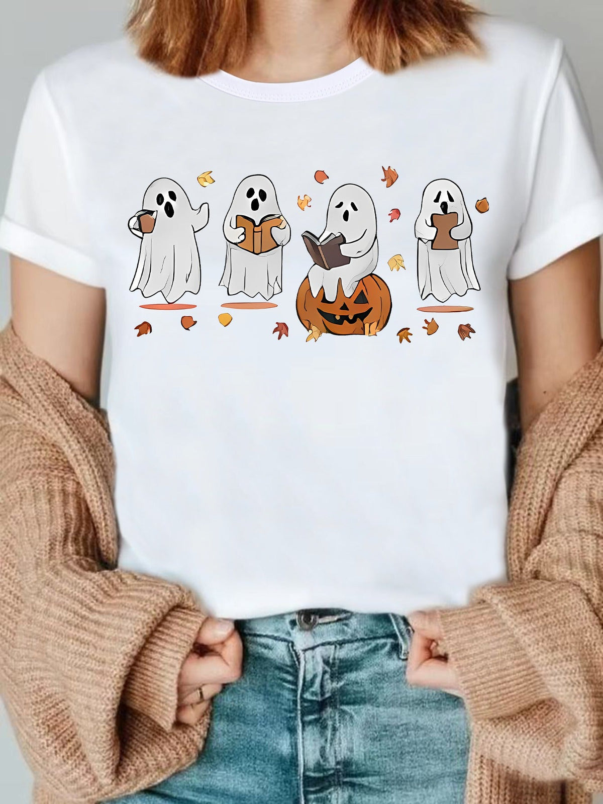 Retro Pumpkin Print T-Shirt - Cute Chinese "A Piao" Character Design, Short Sleeve Round Neck Casual Top for Halloween Costumes & Themed Parties