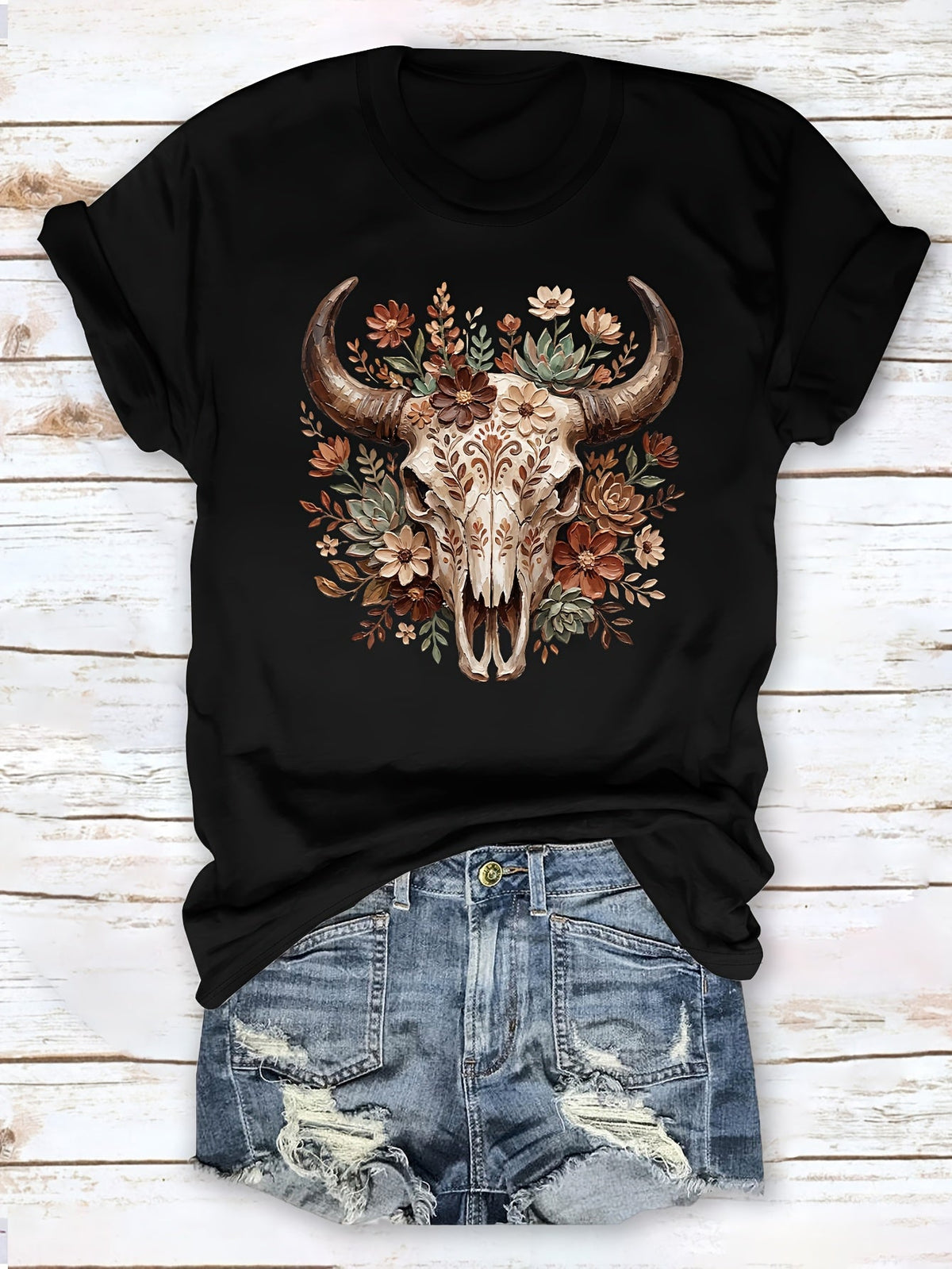 Vintage Western Skull T-Shirt Women Nature Lovers Retro Tribal Art Cotton Tee