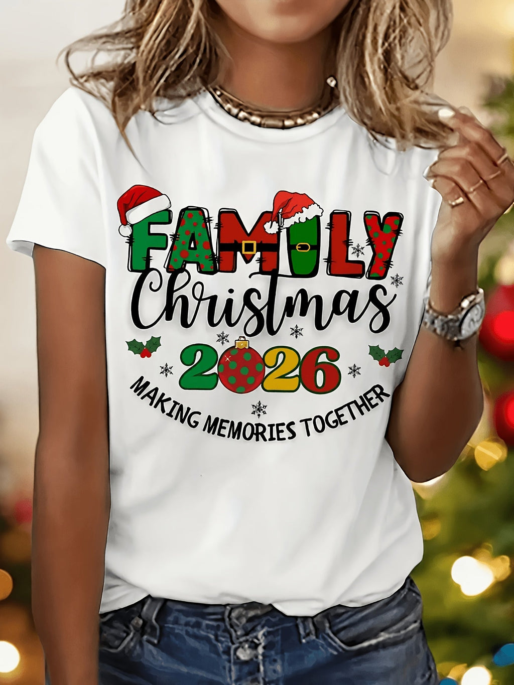 Family Christmas 2026 T-Shirt, Matching Holiday Graphic Tee, Making Memories Together Print, Women's Casual Short Sleeve Crew Neck Shirt
