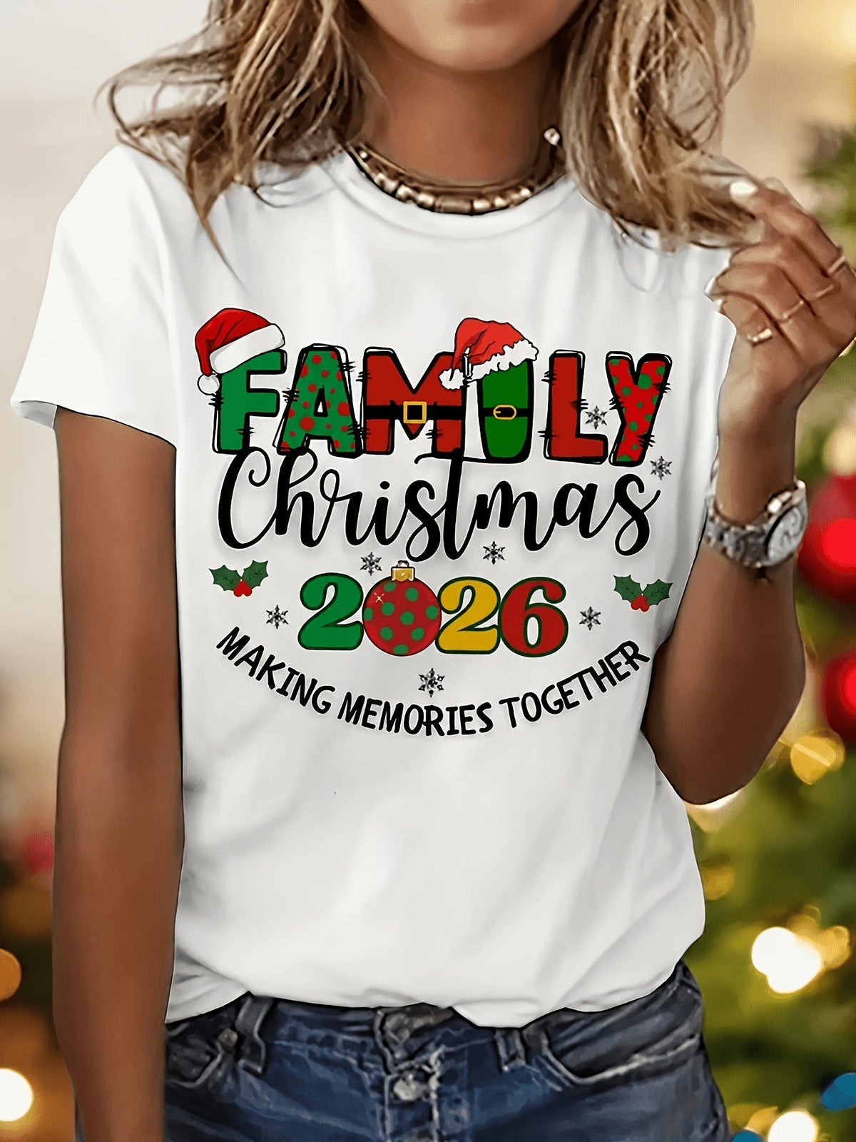 Family Christmas 2026 T-Shirt, Matching Holiday Graphic Tee, Making Memories Together Print, Women's Casual Short Sleeve Crew Neck Shirt