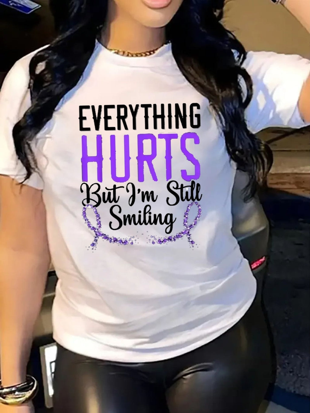 Women Everything Hurts But I'm Still Smiling Graphic T?Shirt, Purple Ribbon Chronic Pain Awareness Tee, Casual Crew Neck Short?Sleeve Inspirational Top
