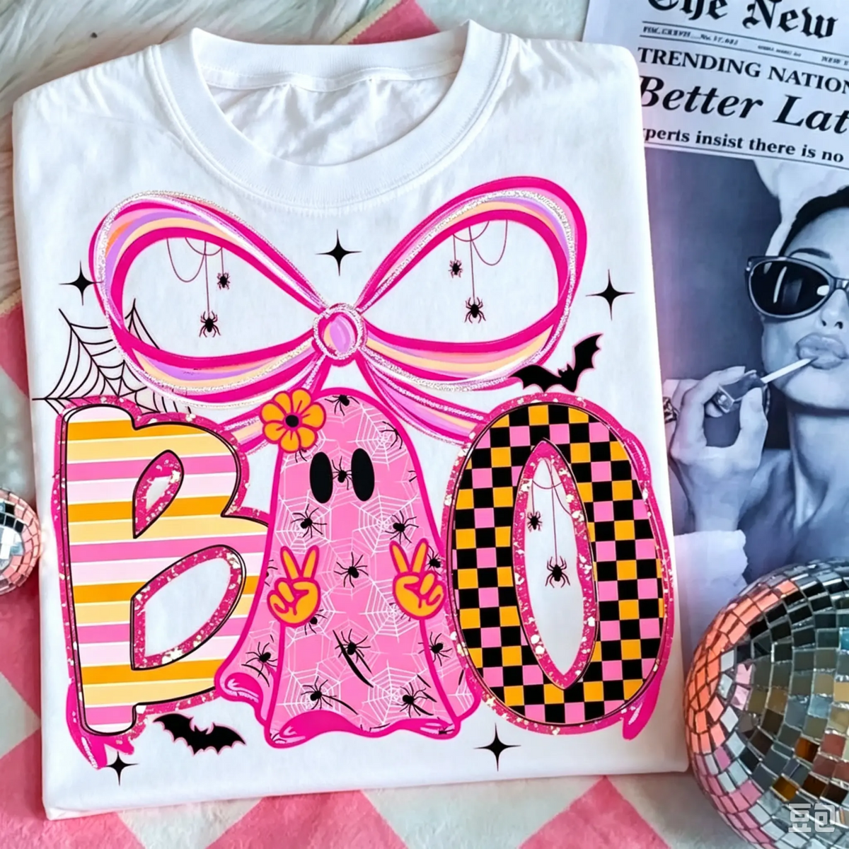 Spooky Boo Ghost Shirt, Neon Pink Halloween Tee, Girly Coquette Halloween Bow Top, Preppy Glitter Pumpkin Apparel