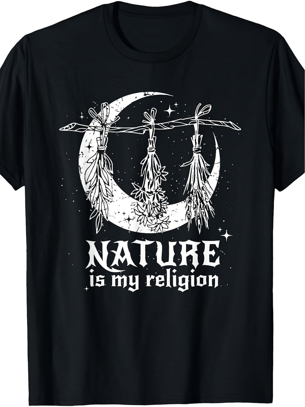 Nature Is My Religion Crescent Moon Witch Wiccan Graphic Tee for Men Women, Pagan Spiritual Short Sleeve T-Shirt, Casual Crew Neck Top for Nature Lover Gift