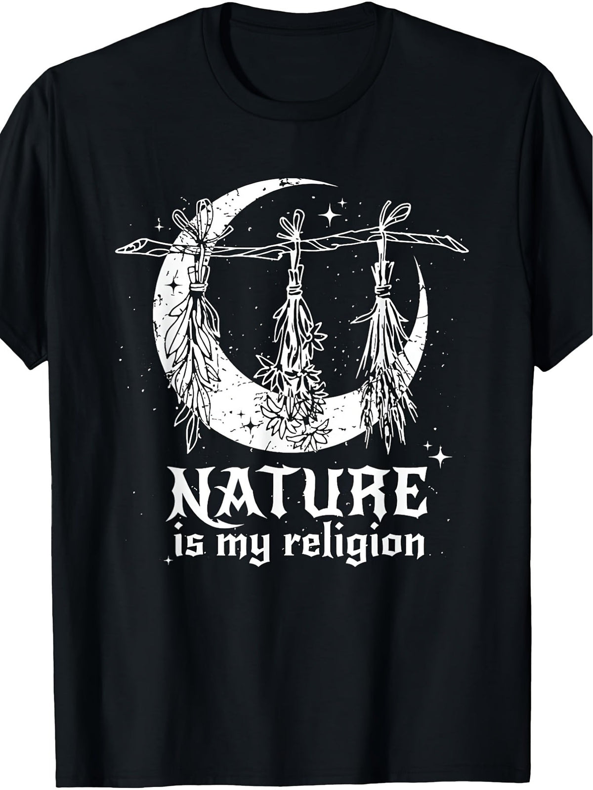Nature Is My Religion Crescent Moon Witch Wiccan Graphic Tee for Men Women, Pagan Spiritual Short Sleeve T-Shirt, Casual Crew Neck Top for Nature Lover Gift