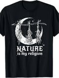 Nature Is My Religion Crescent Moon Witch Wiccan Graphic Tee for Men Women, Pagan Spiritual Short Sleeve T-Shirt, Casual Crew Neck Top for Nature Lover Gift