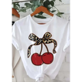 Oversized Graphic T-Shirt for Ladies, Casual  Short Sleeve with Leopard, Cherry & Bowknot Print