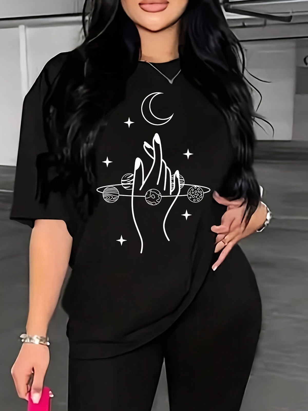 Women¡¯s Mystical Celestial Moon Star Planet Hand Art Graphic Casual Short Sleeve T?Shirt