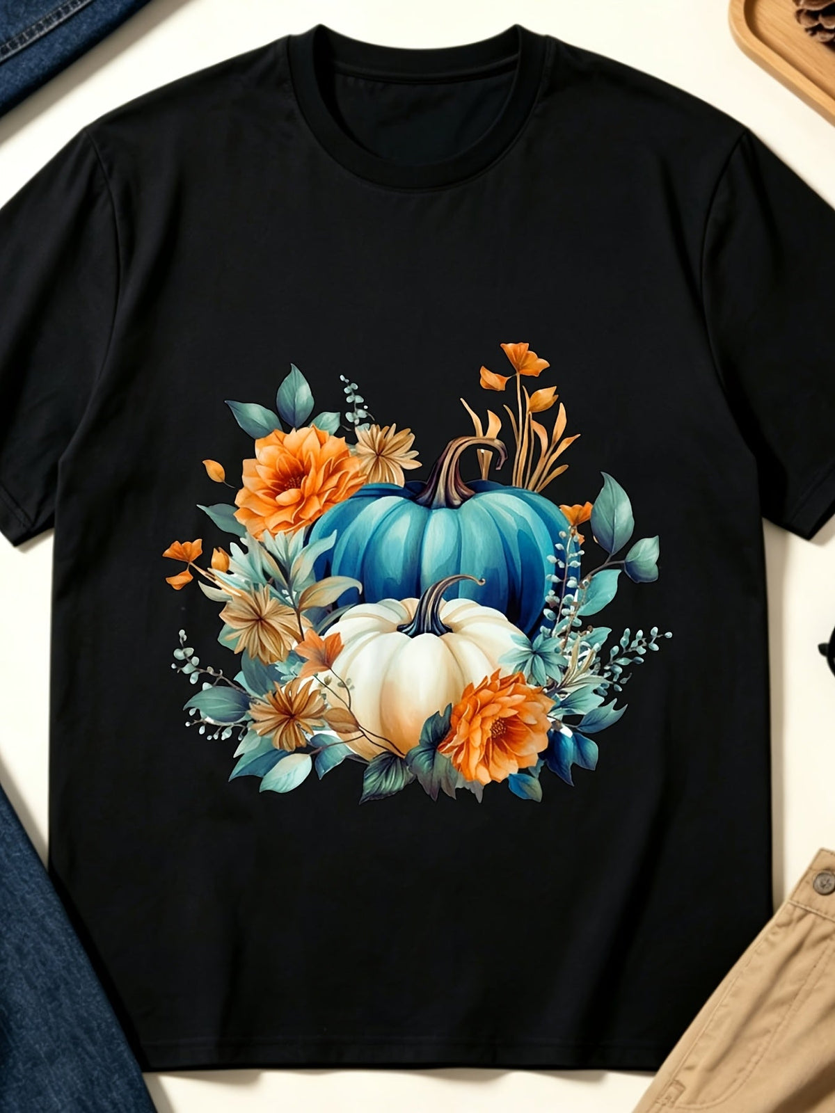 Vintage Floral Pumpkin Autumn Harvest Bouquet Fall Graphic Tee for Men Women, Cute Floral Pumpkin Patch Short Sleeve T-Shirt, Casual Crew Neck Top for Fall Gift