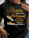 Stepping Into My Retirement With God's Grace And Mercy Graphic T?Shirt for Women, Cotton Crew Neck Short Sleeve, Christian Faith Retirement Inspirational Casual Tee Top