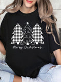 Women’s Merry Christmas Tree Graphic T-Shirt, Plaid Xmas Tee, Short Sleeve Crew Neck Casual Holiday Top